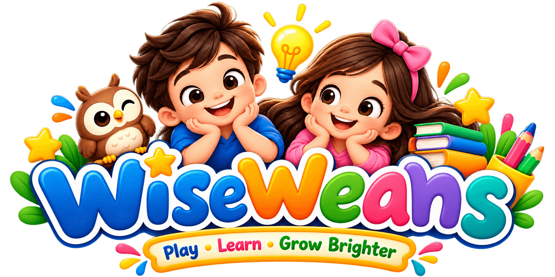 WISEWEANS banner with two smiling children, an owl, books, pencils, and stars